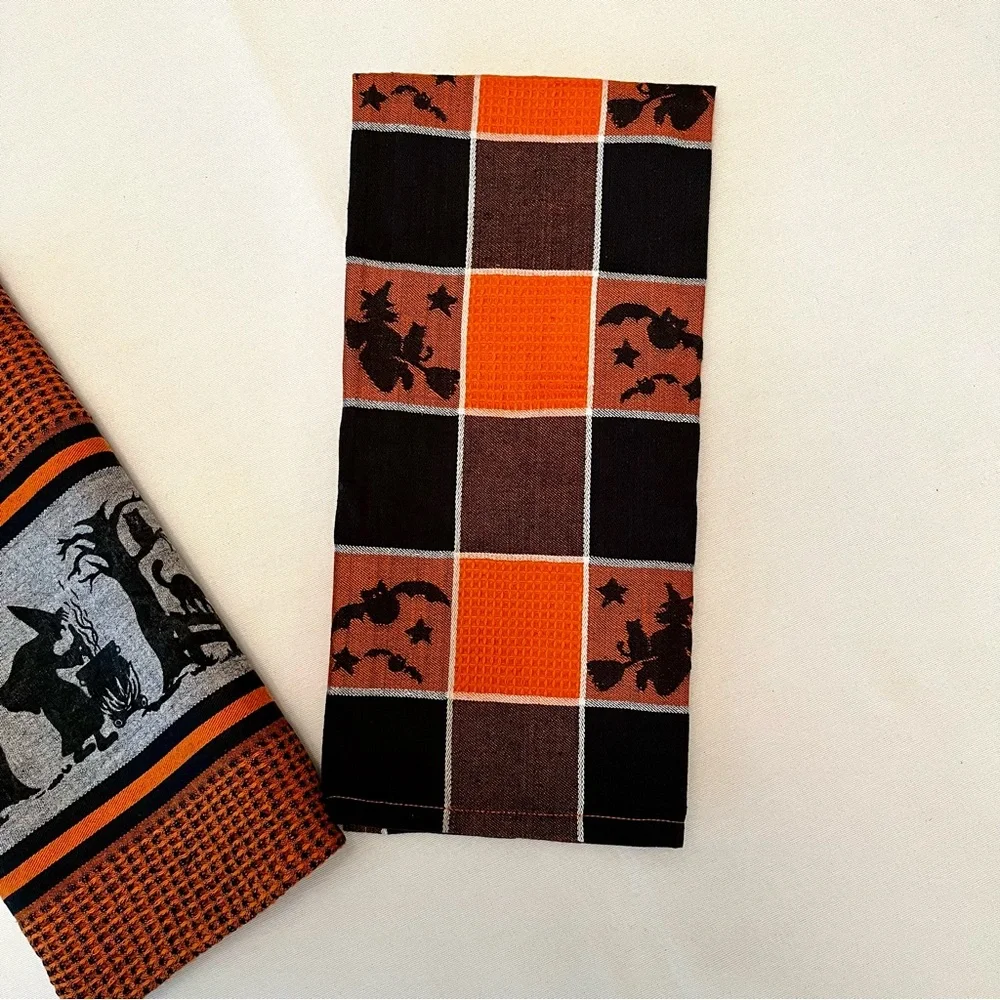 VTG 90s Old World Buffalo Check Spooky Halloween Hand Towels Witch Black Cat Bat